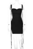 ブラック セクシー ソリッド バックレス フォールド ストラップ デザイン スパゲッティ ストラップ ドレス