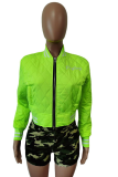 Fluorescent Green Street Print Patchwork Zipper Collar Outerwear