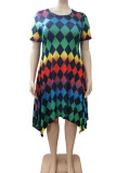 Colour Casual Print Patchwork Asymmetrical O Neck A Line Plus Size Dresses