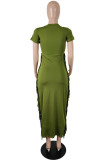 Green Casual Solid Tassel Patchwork O Neck One Step Skirt Dresses