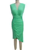 グリーンセクシーソリッドパッチワークフォールド非対称Vネックワンステップスカートドレス