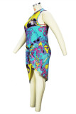 ダークブルーファッションセクシープラスサイズプリントパッチワークハーフタートルネックノースリーブドレス