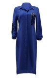 Blue Casual Solid Sequins Patchwork Turndown Collar Shirt Dress Dresses
