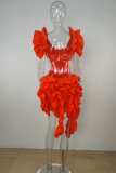 Tangerine Red Sexy Solid Patchwork Stringy Selvedge V Neck Irregular Dress Dresses