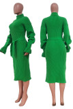 Robes de jupe en une étape à col roulé en patchwork de bandage solide décontracté vert