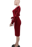 Rose Red Casual Elegant Solid Bandage Patchwork O Neck One Step Skirt Dresses