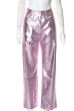 Pantaloni in tinta unita dritti a vita alta con patchwork solido rosa casual da strada