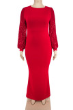 Красные элегантные однотонные лоскутные платья с блестками и круглым вырезом с длинными рукавами больших размеров