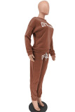 Brown Sportswear Print Letter O Neck Long Sleeve Two Pieces