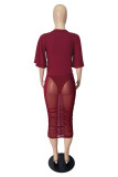 Бордовый сексуальный сплошной лоскутное прозрачное платье с круглым вырезом и короткими рукавами из двух частей