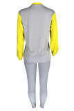 Grayish Yellow Casual Solid Patchwork O Neck Long Sleeve Two Pieces