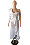 White Fashion Sexy Solid Patchwork Slit One Shoulder Evening Dress Dresses