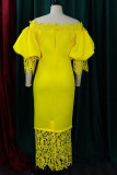 Yellow Elegant Solid Patchwork Off the Shoulder One Step Skirt Dresses(Without Brooch)