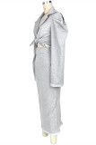 Grey Sexy Casual Solid Bandage Turndown Collar Long Sleeve Two Pieces