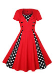 Red Casual College Print Patchwork V Neck A Line Dresses
