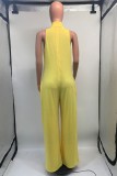 Yellow Casual Solid Basic Turtleneck Regular Jumpsuits