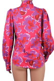 Rose Red Casual Print Patchwork Buckle Turndown Collar Tops