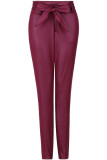 Burgundy Fashion Casual Solid With Belt Skinny High Waist Pencil Trousers