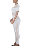 White Sexy Solid Patchwork See-through O Neck Skinny Jumpsuits