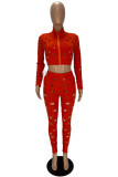 Tangerine Red Sexy Street Solid Hollow Out Patchwork Zipper Collar Manica lunga Due pezzi