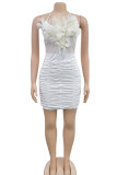 White Sexy Solid Patchwork Feathers Fold Halter Pencil Skirt Dresses