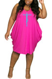 ピンク カジュアル プリント パッチワーク V ネック ベスト ドレス プラス サイズ ドレス