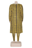 Yellow Casual Print Cardigan Vests Pants O Neck Plus Size Three-piece Set