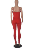 Red Sexy Solid Tassel Patchwork Feathers Spaghetti Strap Skinny Jumpsuits