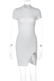 White Sexy Solid Slit Half A Turtleneck Short Sleeve Dress
