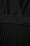 Graue, lässige, einfarbige, langärmlige Kleider mit Frenulum-Plissee und V-Ausschnitt