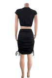 Black Casual Solid Draw String Frenulum O Neck Short Sleeve Two Pieces