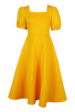 黄色のエレガントなソリッドパッチワークスクエアカラーイブニングドレスドレス