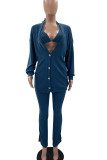 Blue Fashion Casual Solid Cardigan Vests Pants Long Sleeve Three-piece Set