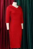 Rote, lässige, elegante, solide Patchwork-Kleider mit V-Ausschnitt und One-Step-Rock