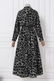 Koffie casual print luipaard patchwork turndown kraag jurken met lange mouwen