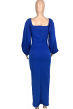 Blue Casual Solid Patchwork Slit V Neck Long Sleeve Dresses