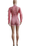 Pink Sexy Solid Hollowed Out Patchwork See-through Half A Turtleneck Regular Rompers