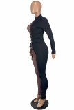 Zwarte mode sexy patchwork doorschijnende coltrui skinny jumpsuits