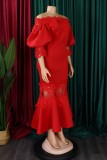 Red Casual Solid Patchwork Off the Shoulder Long Dress Dresses