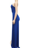 Blue Sexy Solid Patchwork Asymmetrical Oblique Collar Pencil Skirt Dresses