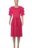 Rose Red Casual Solid Bandage Patchwork Fold O Neck A Line Dresses