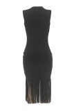 Black Casual Solid Tassel O Neck Sleeveless Dress Dresses