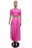 Pink Fashion Casual Solid Slit O Neck Short Sleeve Two Pieces