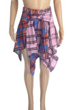 Pink Casual Street Plaid Print Patchwork asymmetrische hohe Taille Typ A Full Print Bottoms