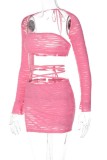 Pink Sexy Solid See-through Backless Strapless Long Sleeve Two Pieces