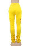 Yellow Drawstring High Solid Pocket Draped Boot Cut Pants Bottoms