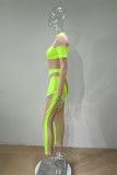 Lichtgroene Mode Sexy Patchwork Doorschijnende Half Een Coltrui Skinny Jumpsuits
