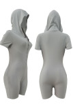 Grey Casual Solid Patchwork Buckle Hooded Collar Skinny Rompers