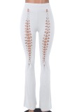 Calça branca casual lisa vazada skinny cintura alta convencional de cor sólida
