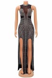 Apricot Sexy Patchwork Hot Drilling See-through Backless Bandage Crystal Half A Turtleneck Sleeveless Dress (Without Gloves)